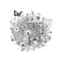 A vibrant bouquet of flowers with a trail of colorful butterflies flying above it tattoo design idea