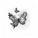 A vibrant bouquet of flowers with a trail of colorful butterflies flying above it tattoo design idea