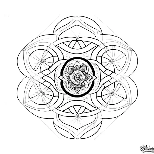 A minimalist tattoo of a mandala incorporating elements of physics equations tattoo design idea