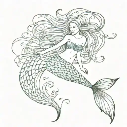 mermaid, swims up, pronounced beautiful tail, long hair, minimalist style tattoo design idea