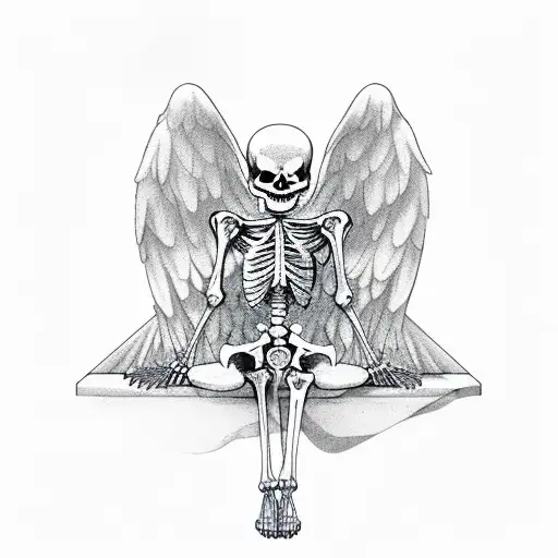 Skeleton sitting like cute angel tattoo design idea