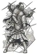 A roman soldier battling a samurai warrior in a mountainous landscape tattoo design idea