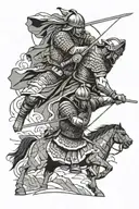 A roman soldier battling a samurai warrior in a mountainous landscape tattoo design idea