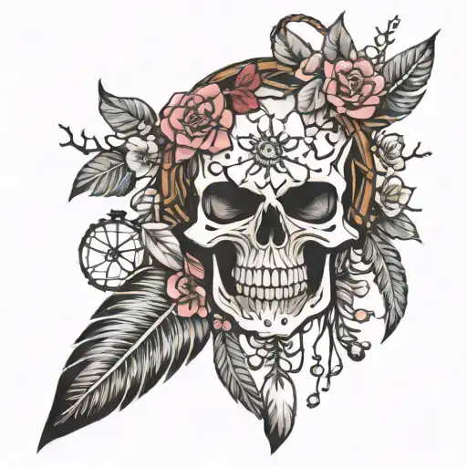 skull cherry blossom dream catcher  tattoo design idea