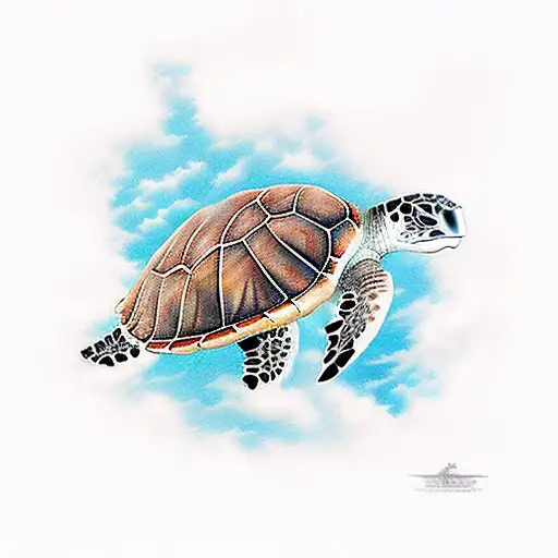 ocean with sea turtles. the sea starts to blend in with the sky and in the sky are butterflies  tattoo design idea