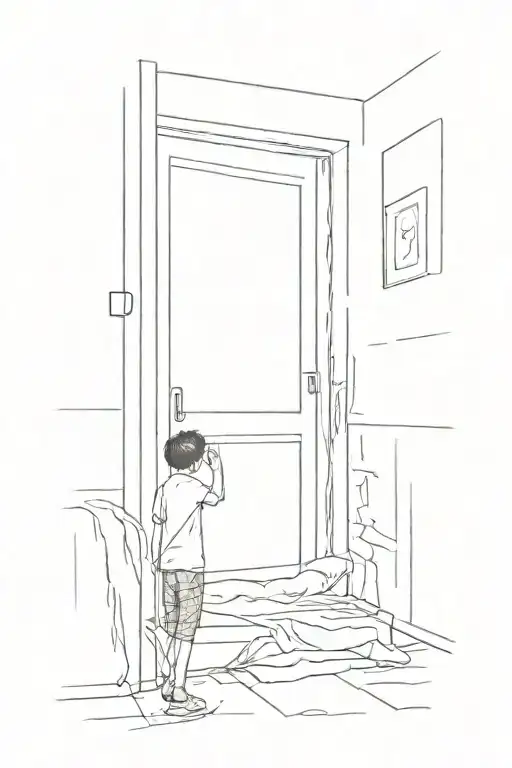 a half open door with a hand on the door handle, next to the door a bed with a boy laying in it, in a frane tattoo design idea