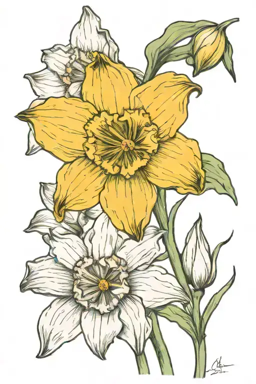 I want tatto of horizontal daffodil flower with the name of Morella as stem and the date of 4•3•88 under the stem tattoo design idea