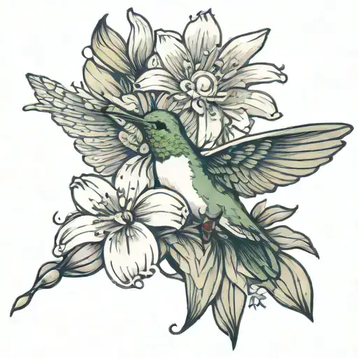 humming bird with snow drop flower and daisy and words saying "i love you one hundred million"  tattoo design idea