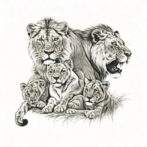 lion lioness and 3 cubs playing tattoo design idea