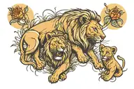 lion and lioness and 3 cubs playing in a field tattoo design idea