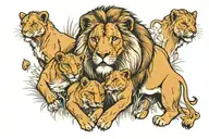 lion and lioness and 3 cubs playing in a field tattoo design idea