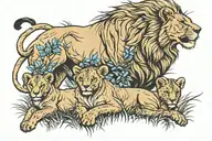 lion lioness and 3 cubs playing in a field tattoo design idea