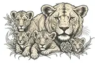lion lioness and 3 cubs playing in a field tattoo design idea
