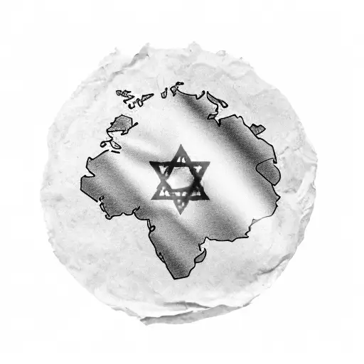 israeli flag with mageb david, on it map of israel, like a counter map, and tect over the map in hebrew עם ישראל חי tattoo design idea