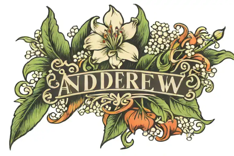 the name "andrew" with lilly of the valley underneath the name  tattoo design idea