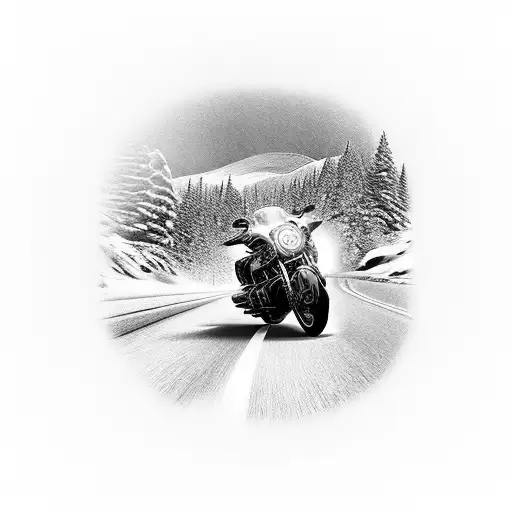 A detailed motorcycle winding through a mountain pass, with a camera lens as the headlight tattoo design idea
