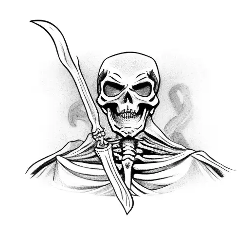 skeleton Grim Reaper wearing a black hood and holding a scythe while snakes wrap around both his arms tattoo design idea