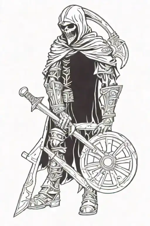 Please design me a tattoo of a grim reaper carrying a sledgehammer over his shoulder and a round spartan shield with a l tattoo design idea