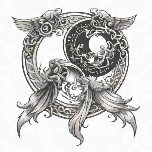 Two angelic figures intertwined in the shape of the Yin and Yang symbol, with their heads meeting at the center and their arms extending to separate the two halves. tattoo design idea