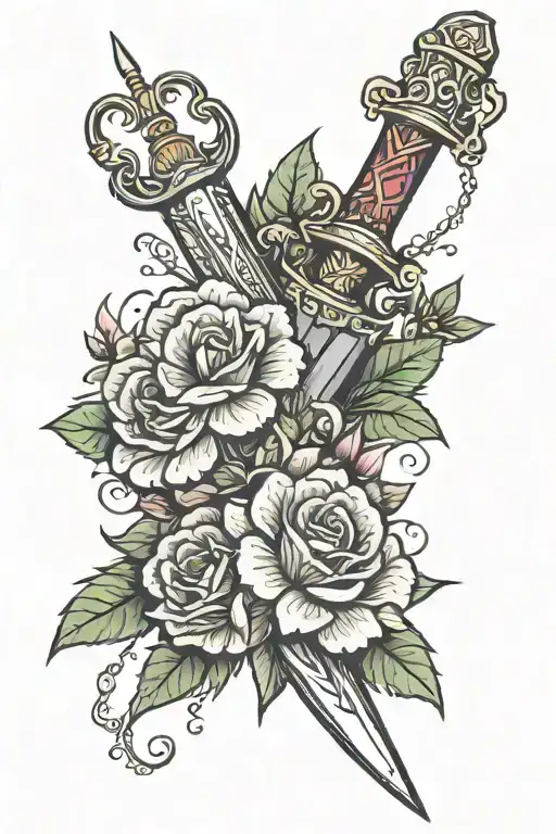 dagger and flowers tattoo design idea
