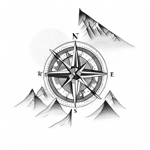 compass with mountain and forest  tattoo design idea