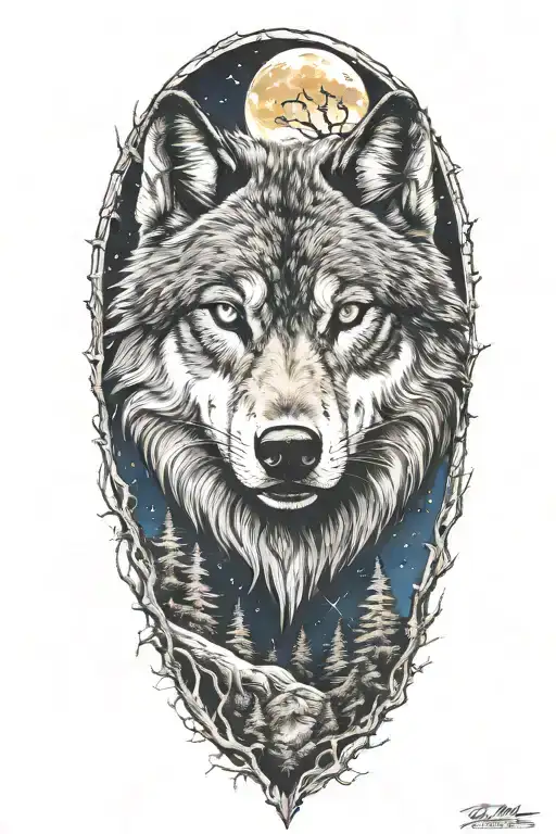 growling wolf with glowing blue eyes. trees and moon surrounded tattoo design idea