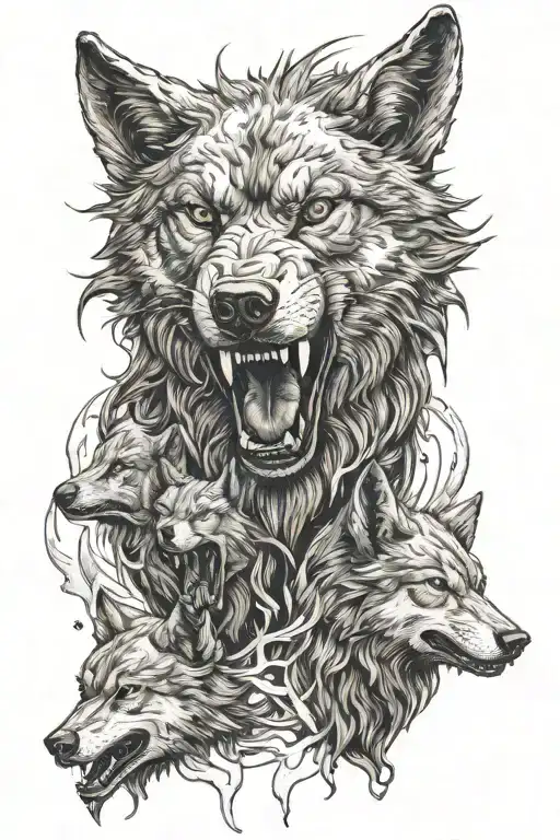 God with angry wolf howling wolf surrounded tattoo design idea