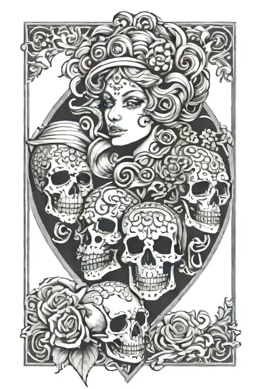 medusa in a queen heart card with mexican skulls facing each other tattoo design idea