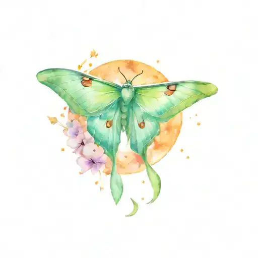 luna moth in the night sky with rising moon and fireflies tattoo design idea