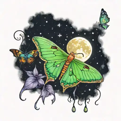 luna moth in the night sky under a  rising moon and fireflies tattoo design idea