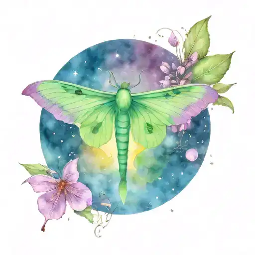 luna moth in the night sky under a  rising moon and fireflies tattoo design idea