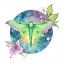 luna moth in the night sky under a  rising moon and fireflies tattoo design idea