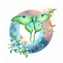 luna moth in the night sky under a  rising moon and fireflies tattoo design idea