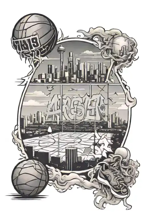 basketball court with los angeles skyline, basketball ball and number 43  tattoo design idea