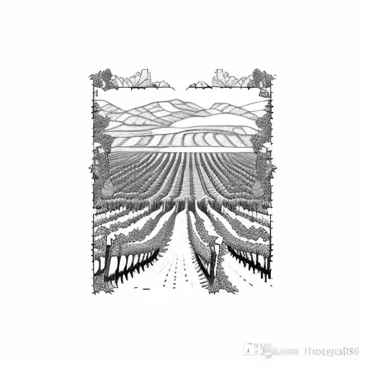 A vineyard landscape with rows of grapevines stretching towards the horizon, symbolizing the joy of wine and friendship tattoo design idea