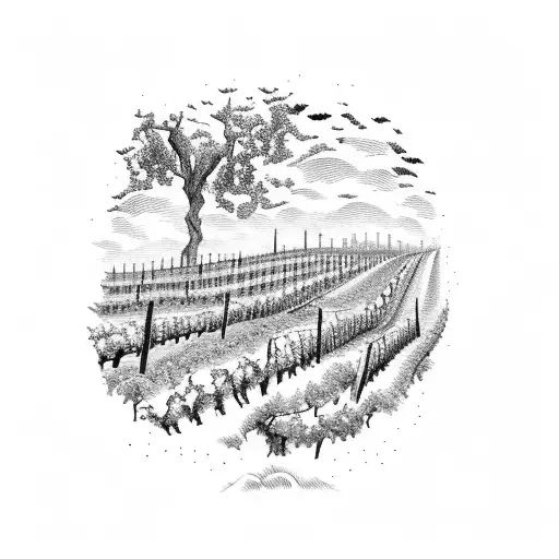 A vineyard landscape with rows of grapevines stretching towards the horizon, symbolizing the joy of wine and friendship tattoo design idea