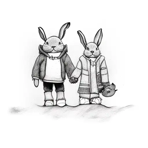 boy and girl holding hands, in the other hand of the girl is a bunnyrabbit-teddy and in the boys other hand a cow-teddy tattoo design idea