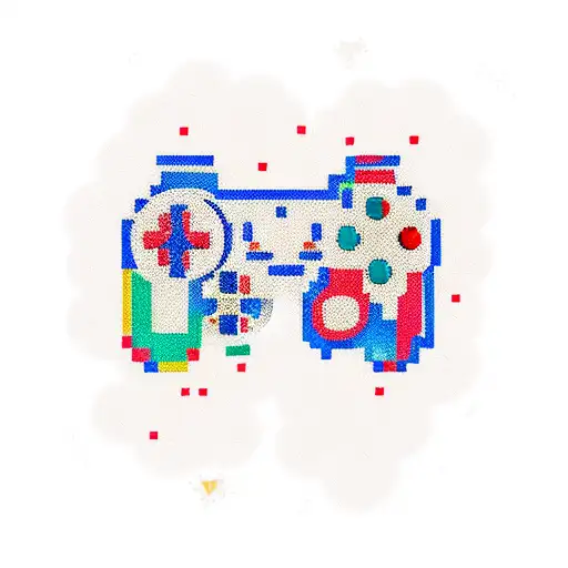 A new-school style tattoo of a pixelated game controller surrounded by vibrant kpop symbols tattoo design idea