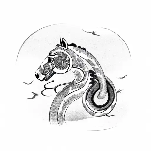 horse and snake together with a bird on top a tiger tattoo design idea
