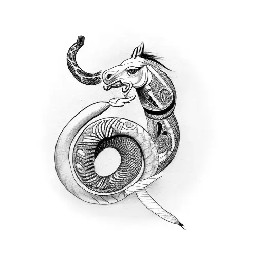 horse and snake together with a bird on top a tiger tattoo design idea