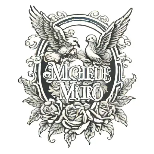 Michelle written in cursive, Death date December 25 2016 in Roman numerals, clouds in the background, Dove and angel tattoo design idea