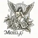 Michelle written in cursive, Death date December 25 2016 in Roman numerals, clouds in the background, Dove and angel tattoo design idea
