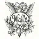 Michelle written in cursive, Death date December 25 2016 in Roman numerals, clouds in the background, Dove and angel tattoo design idea