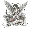 Michelle written in cursive, Death date December 25 2016 in Roman numerals, clouds in the background, Dove and angel tattoo design idea