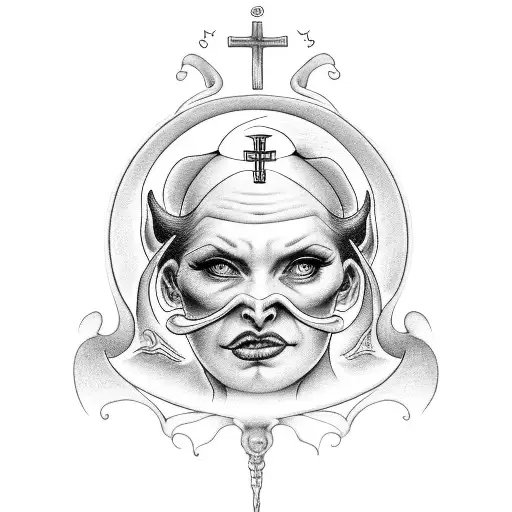 sexy nun looking into a hand held mirror and a devil version lookinh back, to represent good and evil.  tattoo design idea