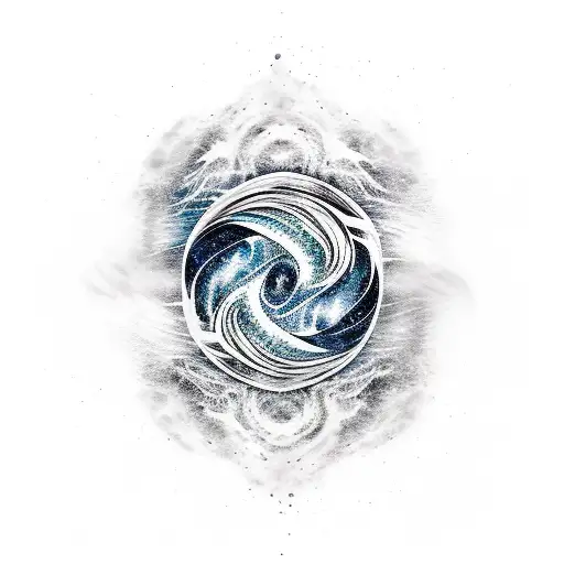 Full sleeve containing these elements: An ocean wave Galaxy/Space Flame Tribal  Black line  Fog Mixed styles Feather  Ov tattoo design idea