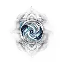 Full sleeve containing these elements: An ocean wave Galaxy/Space Flame Tribal  Black line  Fog Mixed styles Feather  Ov tattoo design idea