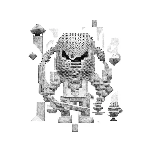 A pixelated video game character standing in front of a modern art masterpiece tattoo design idea
