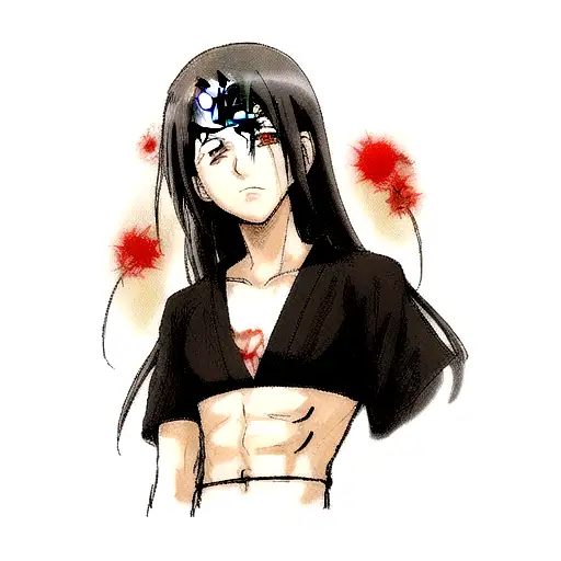 Itachi with his subtle sharingan, band style tattoo, face, half the image is dispersing into black crows tattoo design idea