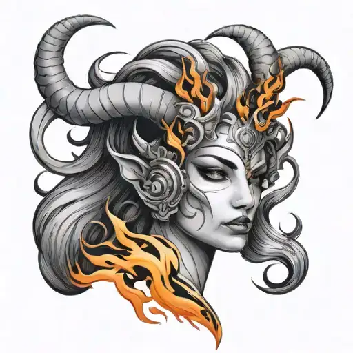 Abstract design of a woman with horns and flames, symbolizing the Aries zodiac sign and passion tattoo design idea